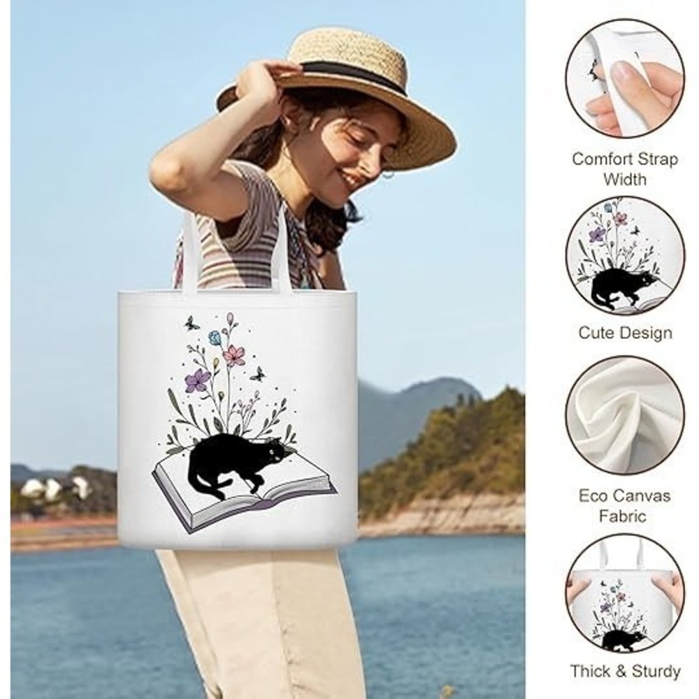 Canvas Large Reusable Cute‎ Black Cat Tote with Handles - Black Cat